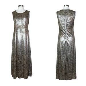Vintage | Joule 90s Metallic Leopard Cheetah Semi Sheer Sleeveless Maxi Dress M